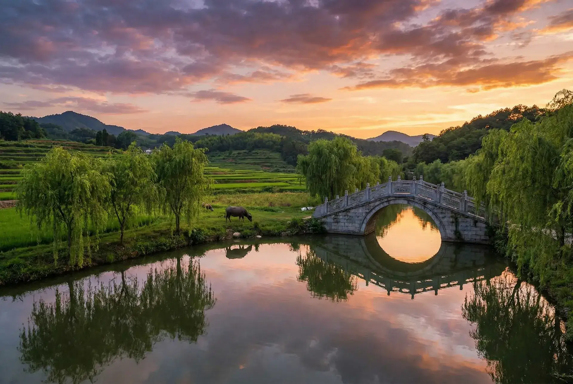 夕阳下的石拱桥与垂柳，水牛在河边吃草 - 老师放过我 乡村美景